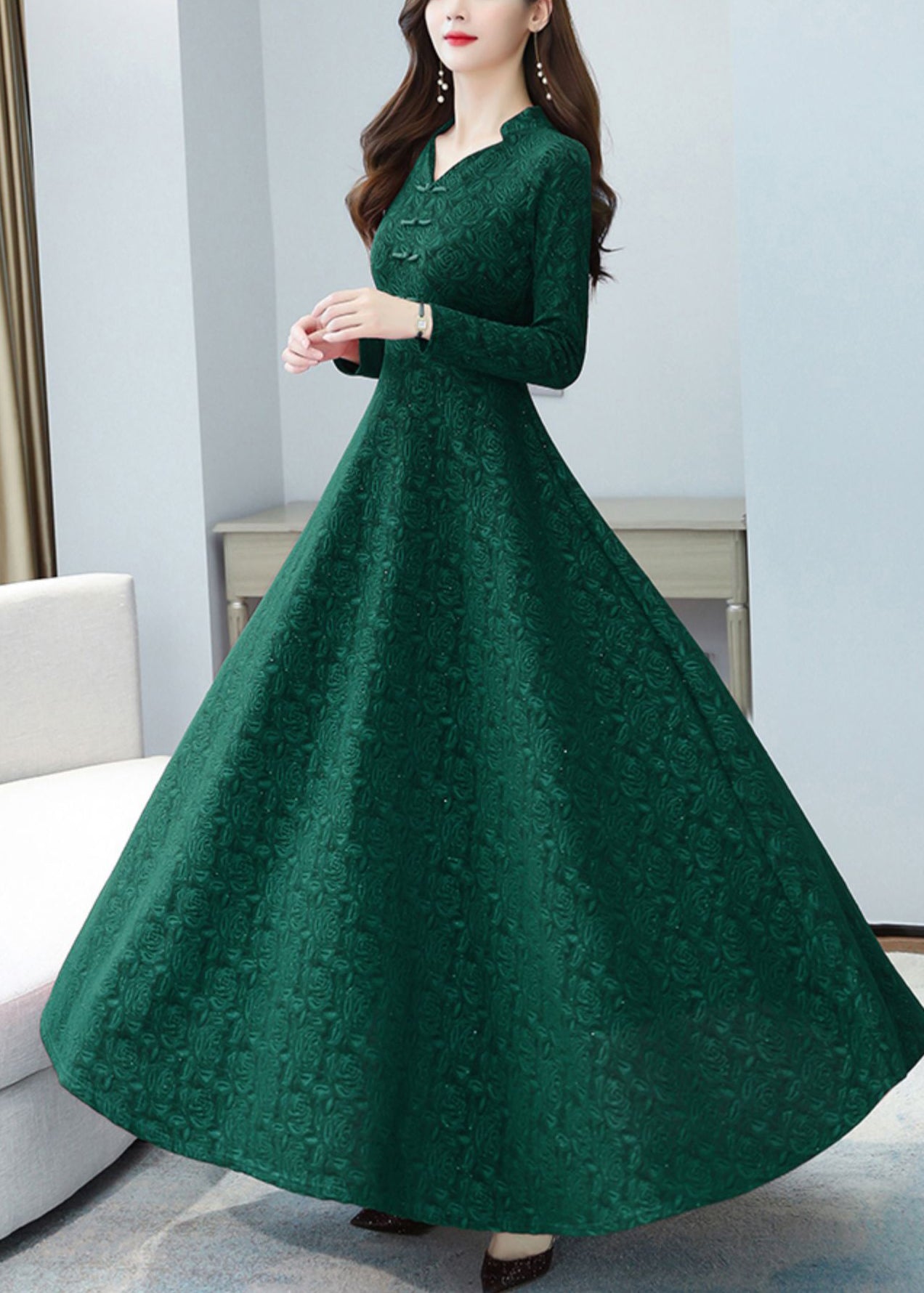 Elegant Green Print Chinese Button Cotton Long Dresses OO027