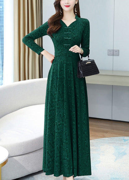 Robe longue élégante en coton à imprimé vert et boutons chinois OO027