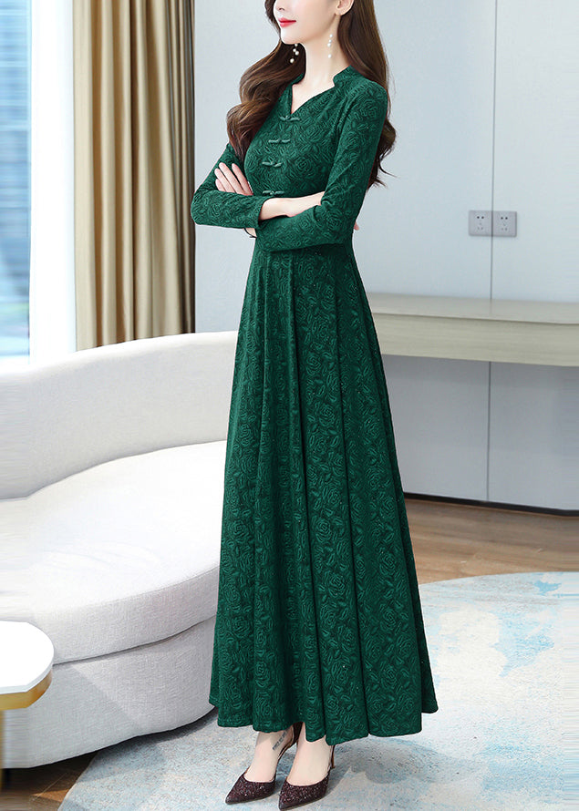 Elegant Green Print Chinese Button Cotton Long Dresses OO027