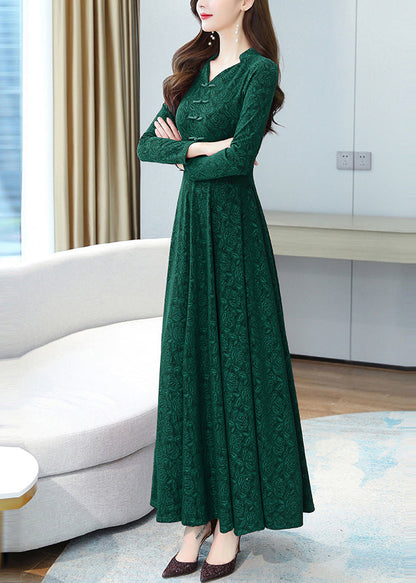 Robe longue élégante en coton à imprimé vert et boutons chinois OO027