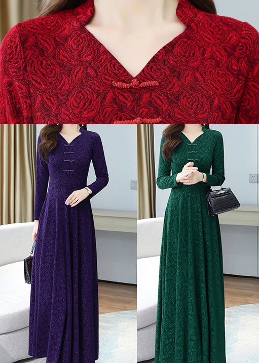 Elegant Green Print Chinese Button Cotton Long Dresses OO027