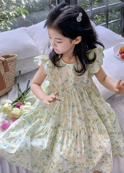 Robe d'été élégante en coton froissé à imprimé vert pour fille EW043