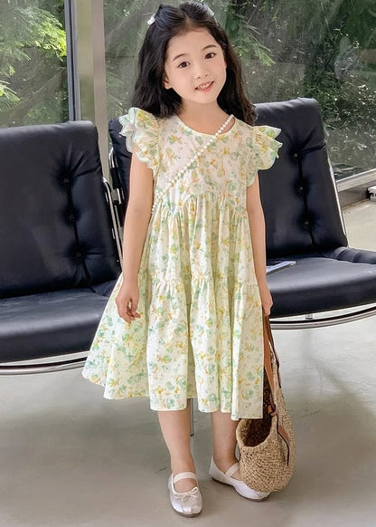 Robe d'été élégante en coton froissé à imprimé vert pour fille EW043