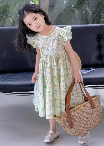 Robe d'été élégante en coton froissé à imprimé vert pour fille EW043