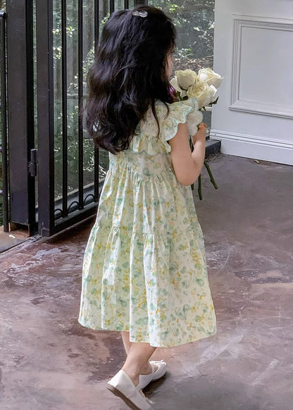 Robe d'été élégante en coton froissé à imprimé vert pour fille EW043