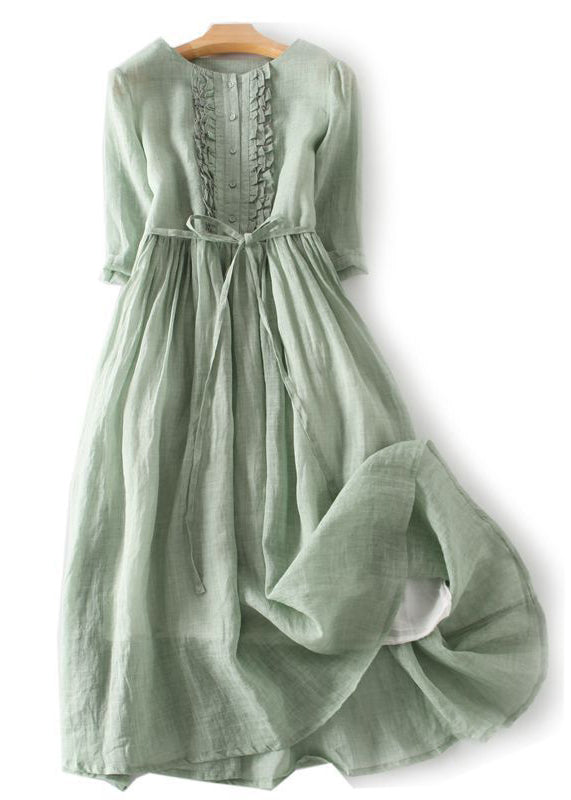 Elegant Green Ruffled Button Tie Waist Cotton Long Dress Half Sleeve QA030