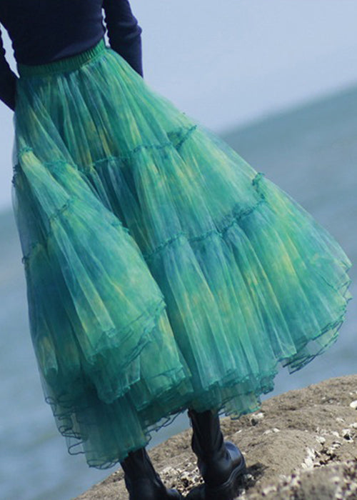 Elegant Green Ruffled Elastic Waist Tulle Skirt Spring Ada Fashion