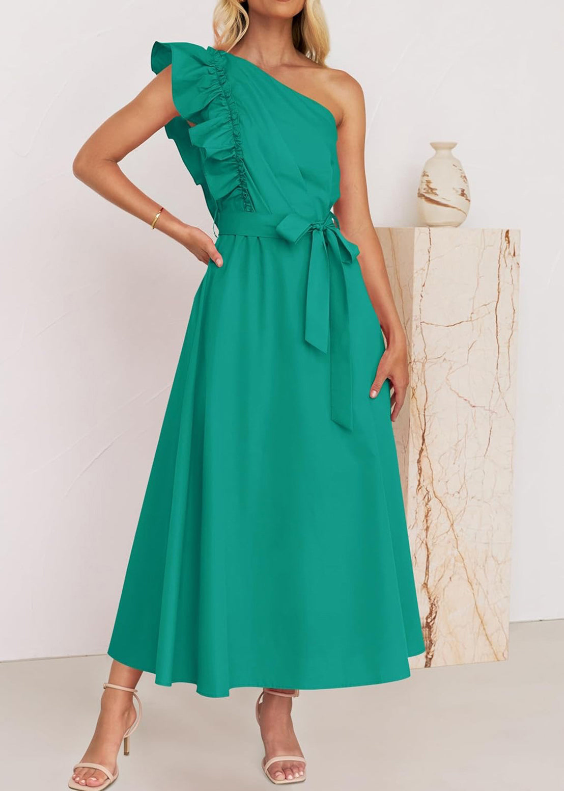 Elegant Green Ruffled Tie Waist Cotton Long Dress Summer BB059