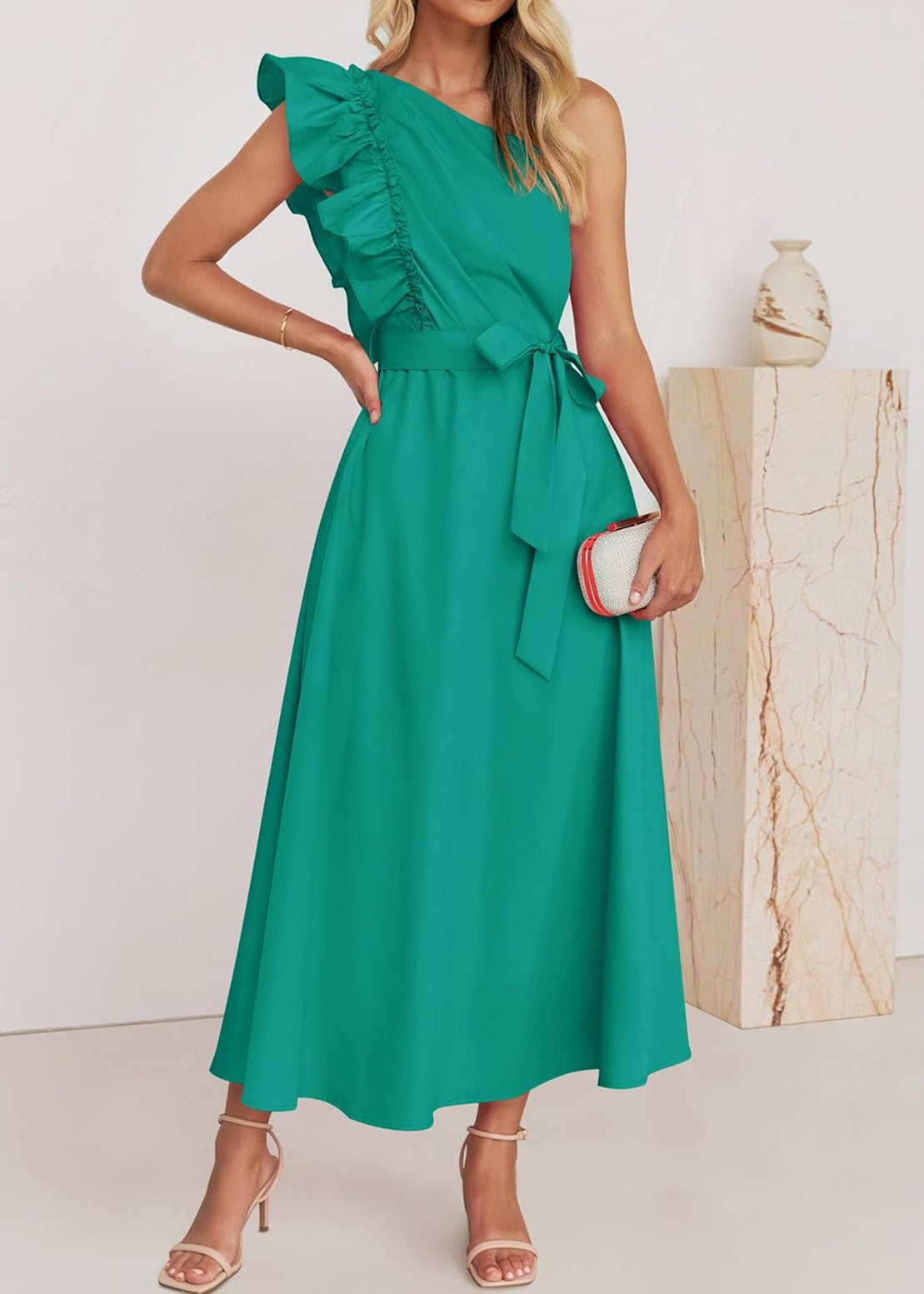 Elegant Green Ruffled Tie Waist Cotton Long Dress Summer BB059