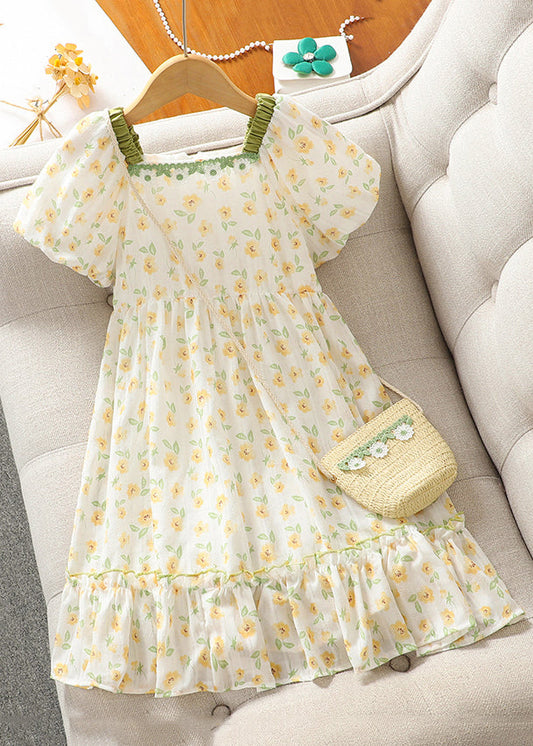 Elegant Green Square Collar Print Cotton Girls Dress Summer TT018