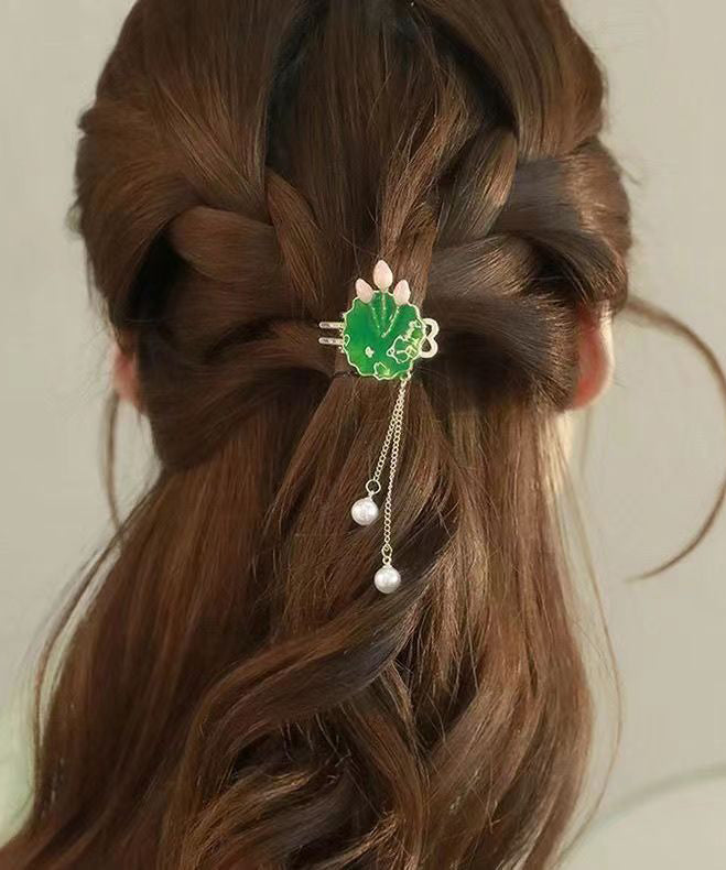 Elegant Green Sterling Silver Alloy Pearl Lotus Leaves Hairpin DF1023