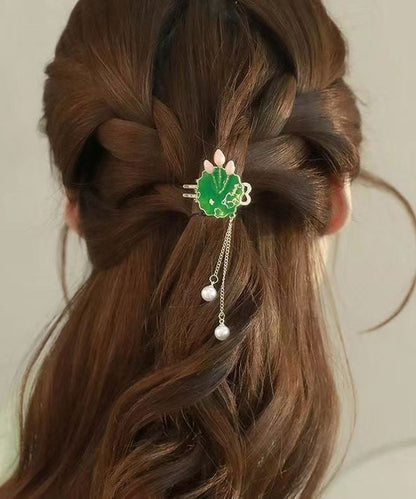 Elegant Green Sterling Silver Alloy Pearl Lotus Leaves Hairpin DF1023