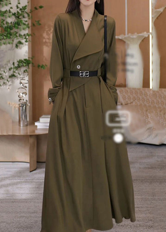 Elegante grüne V-Ausschnitt Taille Schärpen Baumwolle lange Kleider Herbst RF013