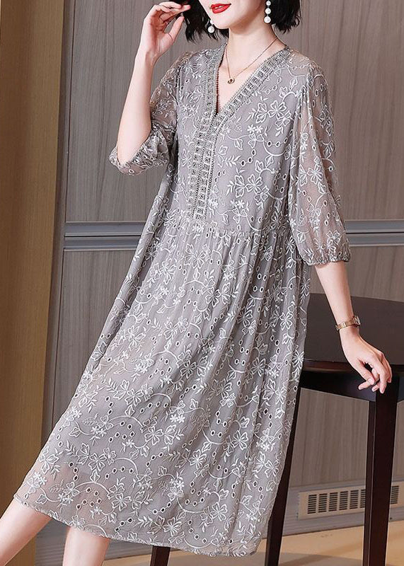 Elegant Grey Embroidered Nail Bead Patchwork Silk Dress Half Sleeve OP1054