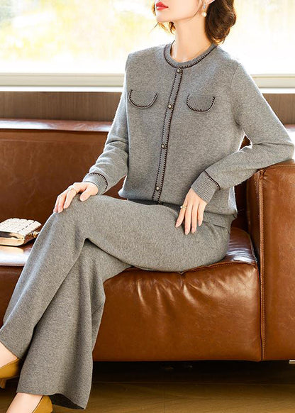 Ensemble deux pièces élégant en laine grise avec haut et pantalon à col rond, printemps TQ026