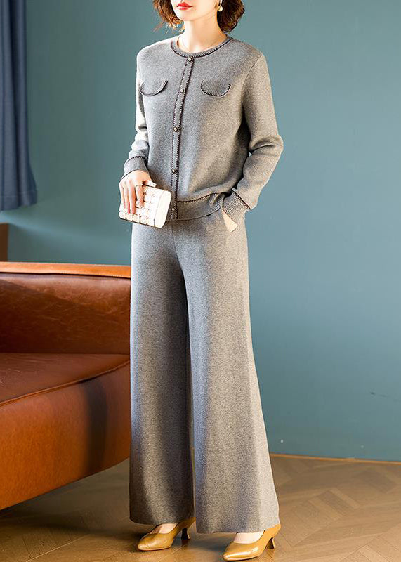 Ensemble deux pièces élégant en laine grise avec haut et pantalon à col rond, printemps TQ026