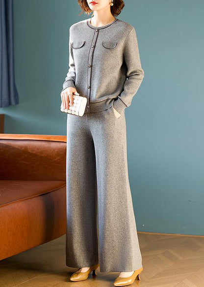 Ensemble deux pièces élégant en laine grise avec haut et pantalon à col rond, printemps TQ026