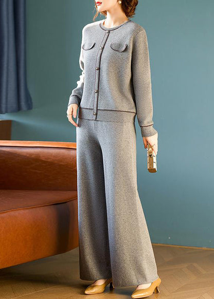 Ensemble deux pièces élégant en laine grise avec haut et pantalon à col rond, printemps TQ026