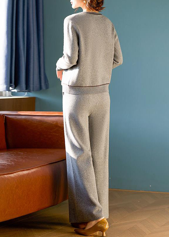 Ensemble deux pièces élégant en laine grise avec haut et pantalon à col rond, printemps TQ026