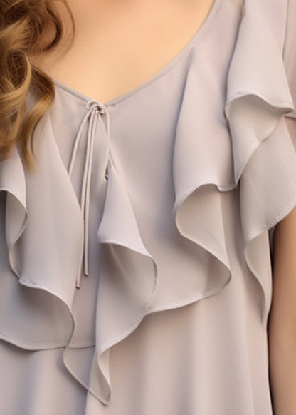 Blouses Chiffon Patchwork Ruffled Grey Summer Elegant