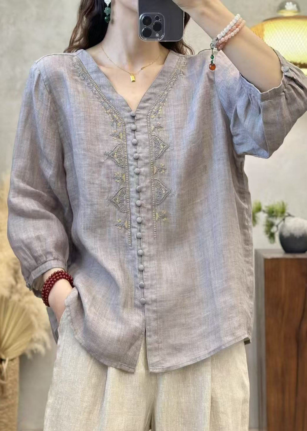 Shirts Sleeve Grey Linen Neck Bracelet Embroidered V Elegant