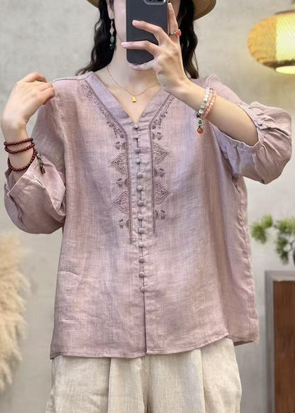 Shirts Sleeve Grey Linen Neck Bracelet Embroidered V Elegant