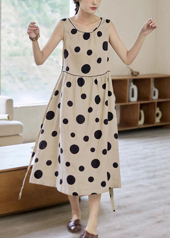 Krawatte Taschen Taille Elegante Lange Kleid Baumwolle Dot Ärmelloses Khaki