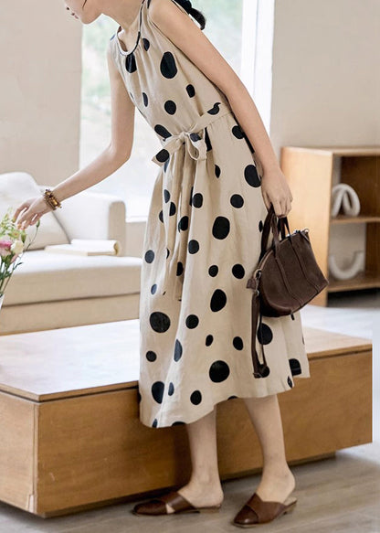 Krawatte Taschen Taille Elegante Lange Kleid Baumwolle Dot Ärmelloses Khaki