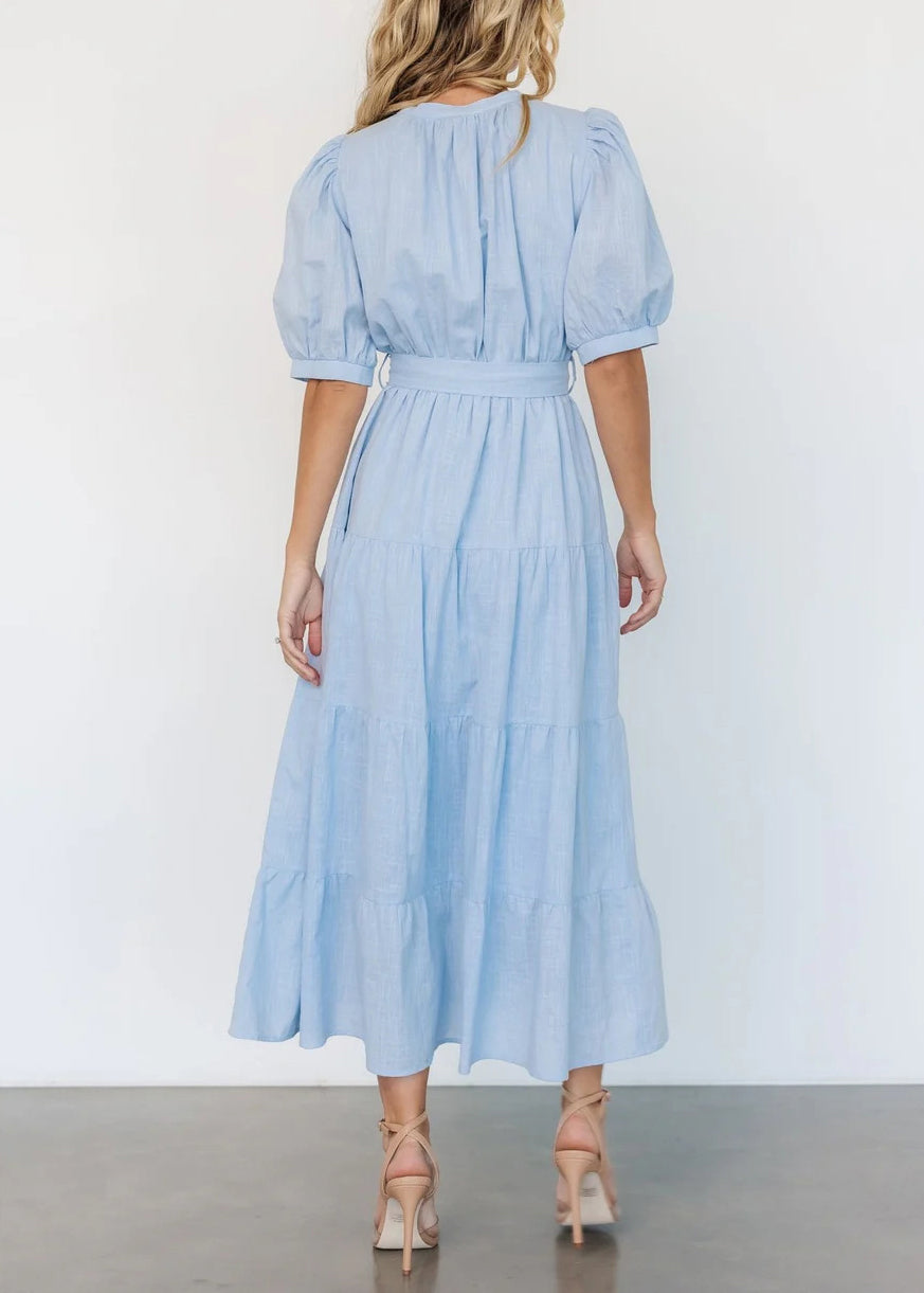 Elegant Light Blue V Neck Pockets Cotton Long Dress Summer AU1005