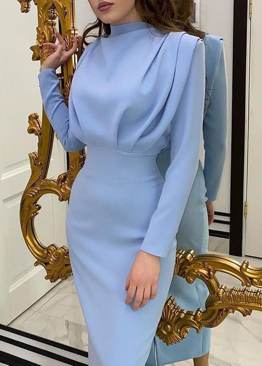 Elegant Light Blue Wrinkled Patchwork Slim Fit Dress Fall QR016