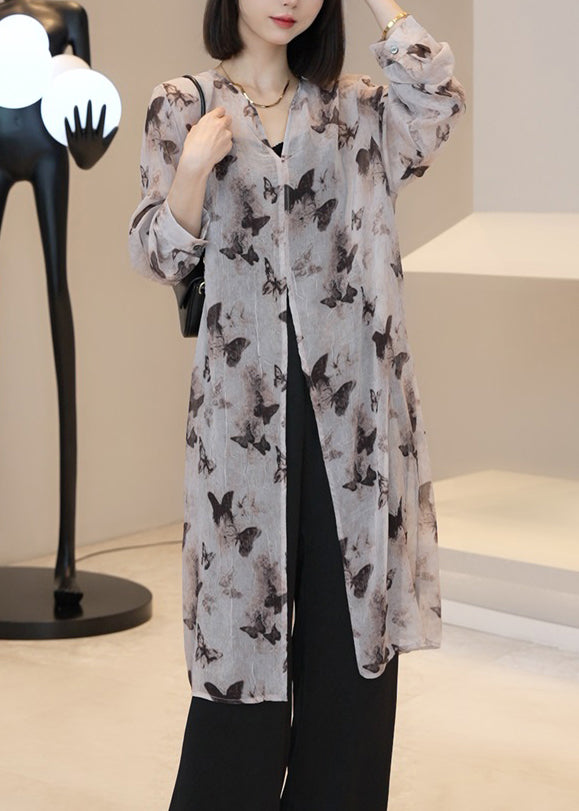 Elegant Light Brown V Neck Print Long Cardigan Summer UU1002