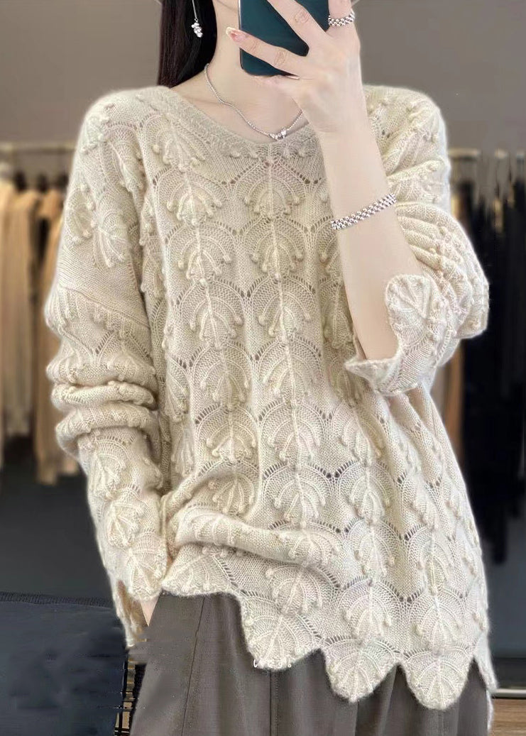 Elegant Light Camel V Neck Hollow Out Woolen Knit Sweaters Fall AB1050