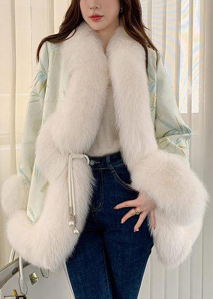 Elegante Hellgrün Fuchs Kragen Bestickt Leder Und Pelz Mäntel Winter TY020