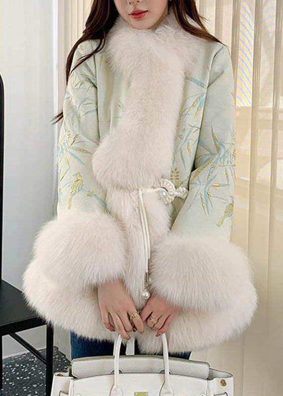 Elegante Hellgrün Fuchs Kragen Bestickt Leder Und Pelz Mäntel Winter TY020