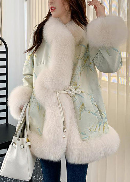Elegante Hellgrün Fuchs Kragen Bestickt Leder Und Pelz Mäntel Winter TY020