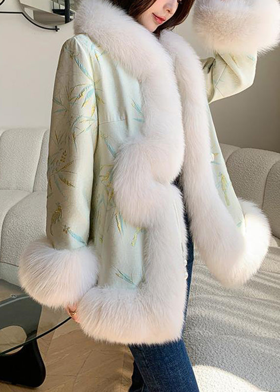 Elegante Hellgrün Fuchs Kragen Bestickt Leder Und Pelz Mäntel Winter TY020