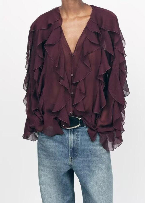 Chemise élégante d'été en mousseline de soie jaune clair à volants UPF 50+