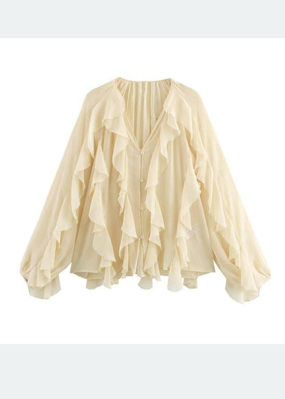 Chemise élégante d'été en mousseline de soie jaune clair à volants UPF 50+