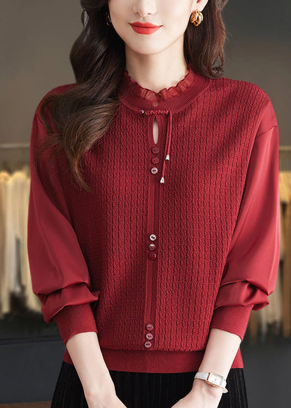 Pull élégant en tricot patchwork à volants couleur mûre, printemps TQ012