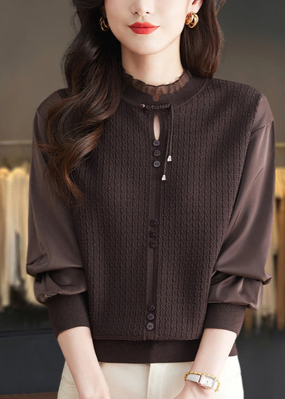 Pull élégant en tricot patchwork à volants couleur mûre, printemps TQ012