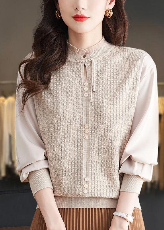 Pull élégant en tricot patchwork à volants couleur mûre, printemps TQ012