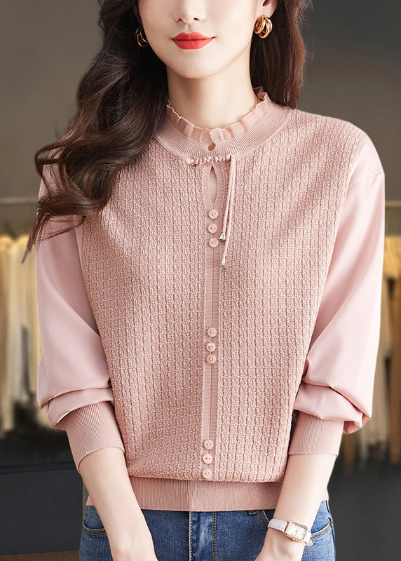Pull élégant en tricot patchwork à volants couleur mûre, printemps TQ012