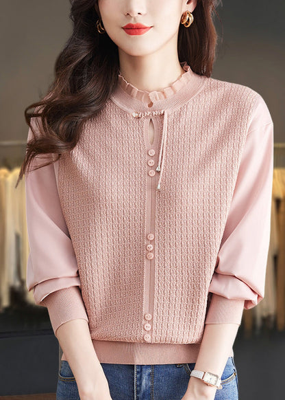 Pull élégant en tricot patchwork à volants couleur mûre, printemps TQ012