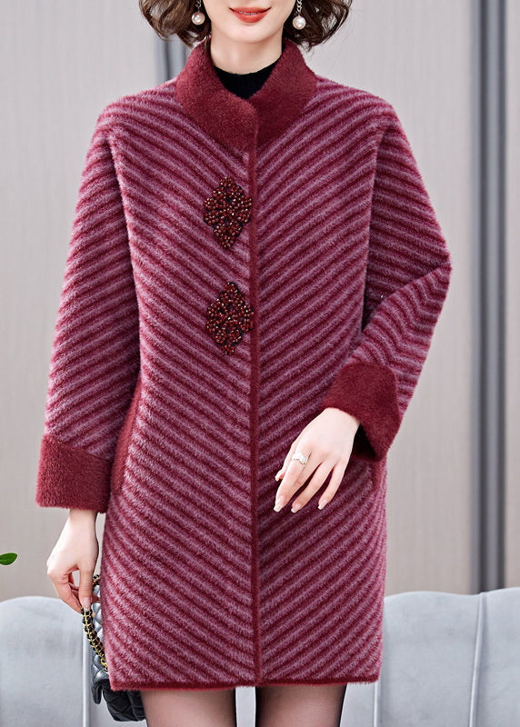 Elegante Mulberry Striped Patchwork Nerz Samt Mäntel Frühling TA016