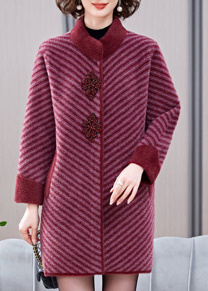 Elegante Mulberry Striped Patchwork Nerz Samt Mäntel Frühling TA016