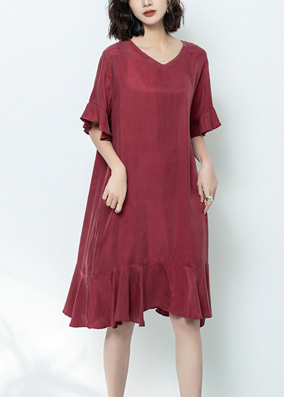 Elegant Mulberry V Neck Ruffled Patchwork Long Dress Summer GH1078