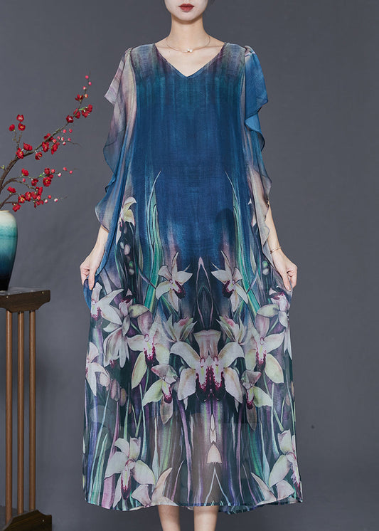 Elegant Navy Floral Print Silk Holiday Dress Butterfly Sleeve SD1104