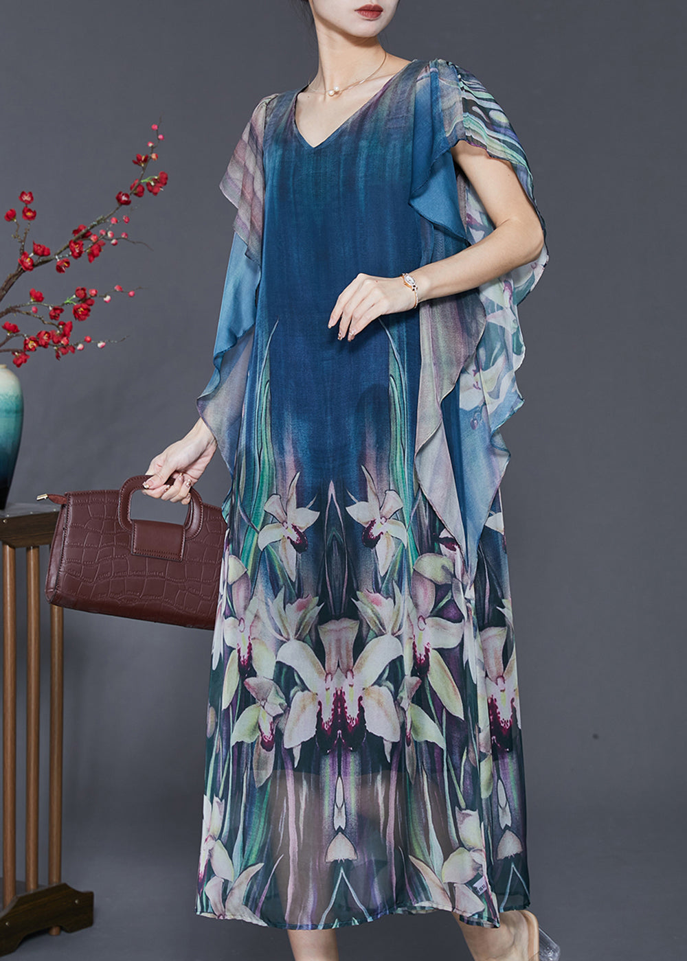 Elegant Navy Floral Print Silk Holiday Dress Butterfly Sleeve SD1104