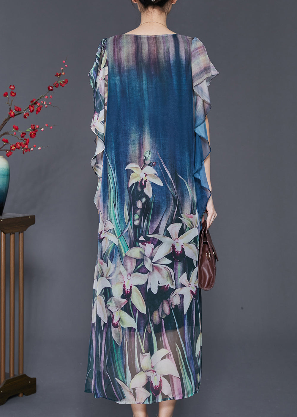 Elegant Navy Floral Print Silk Holiday Dress Butterfly Sleeve SD1104