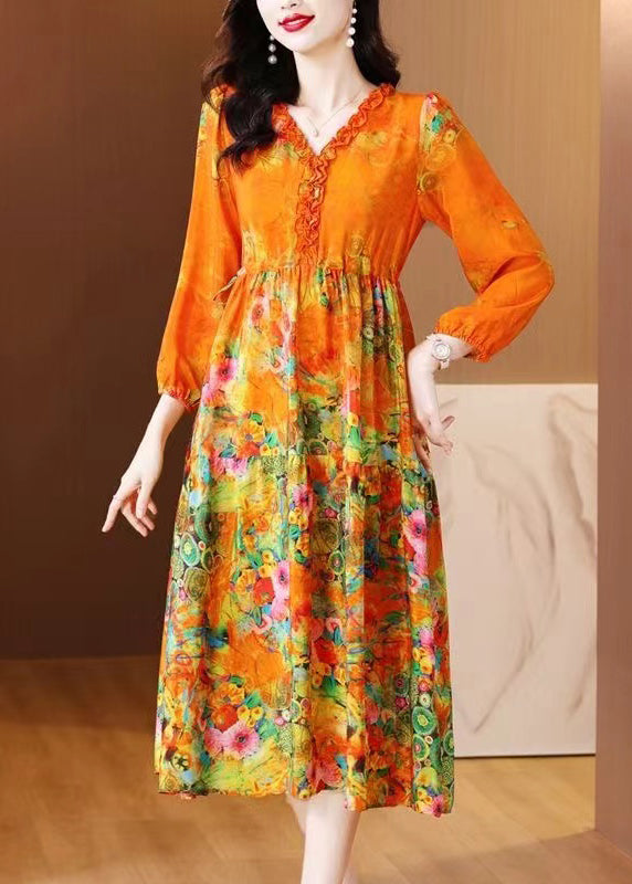 Elegant Orange Ruffled Print Patchwork Silk Long Dress Spring OP1040